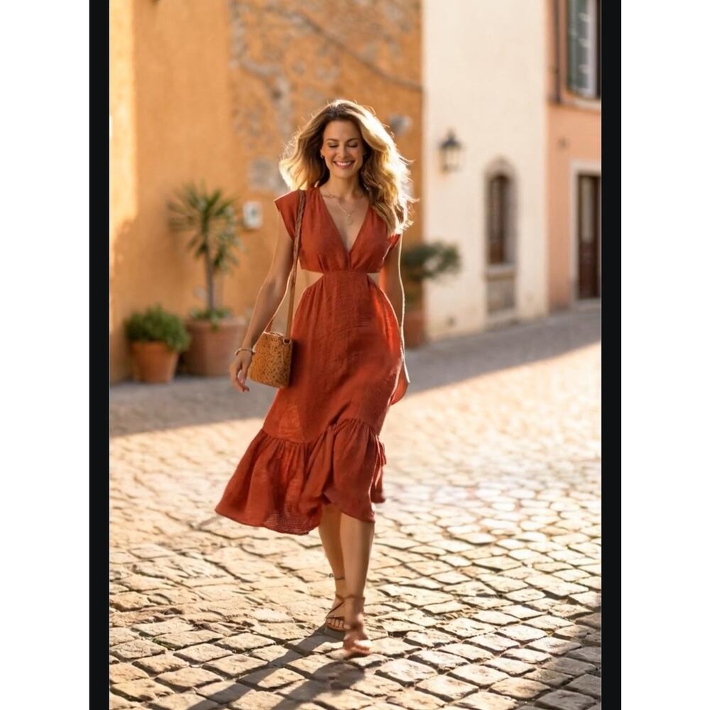 Cottage Core MIDI Dress in Brick Red 100% Cotton NWT SMALL
